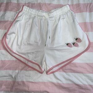 ROMWE White Lounge Shorts with Pink Trim & Strawberry Embroidery